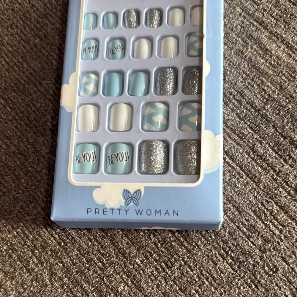 Kids Faux Nail Set of 24  - Blue, white and Silver “BE YOU” style, NEW